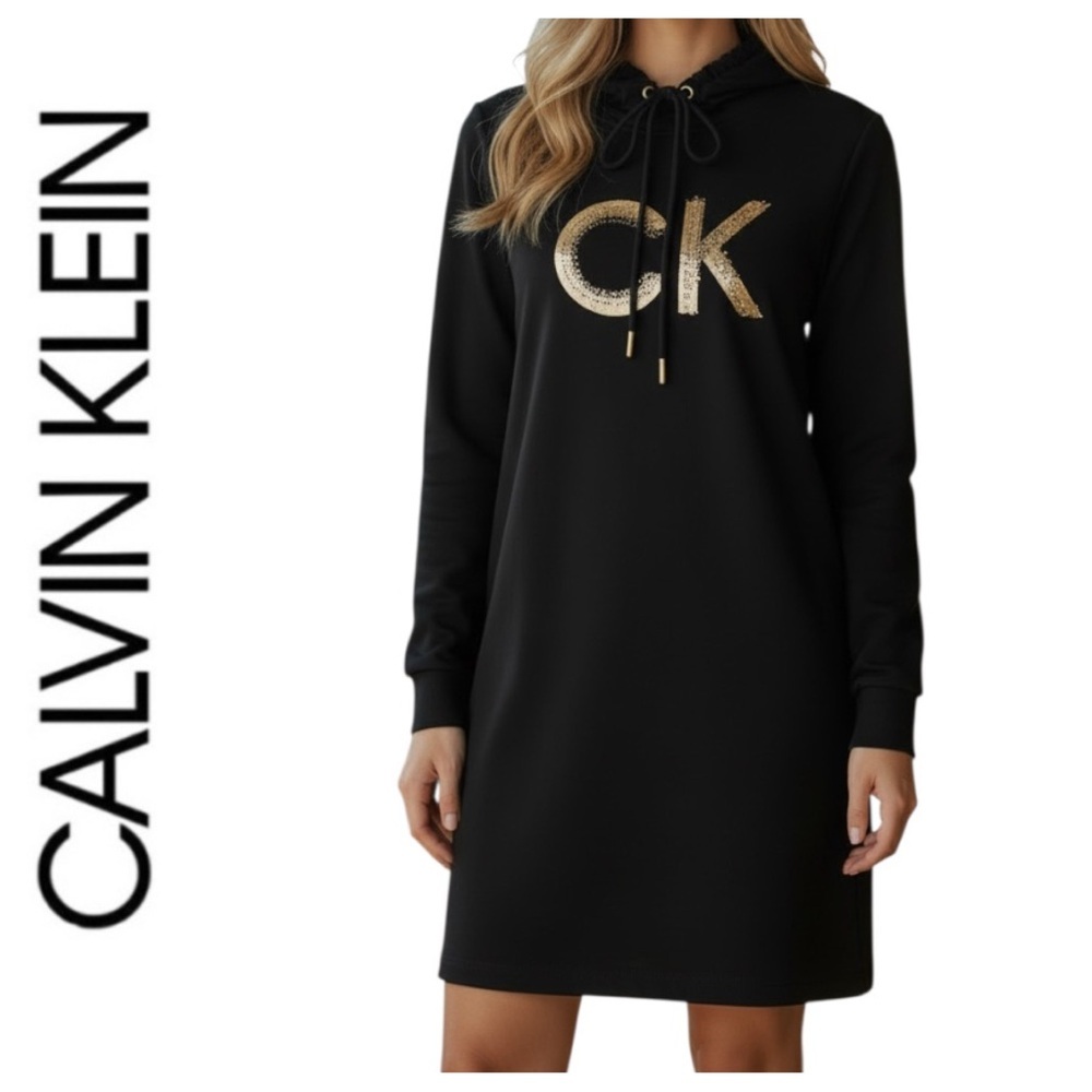 Calvin Klein Gold Beaded CK Logo Black Hoodie Sweatshirt Dress Size Medium NWT